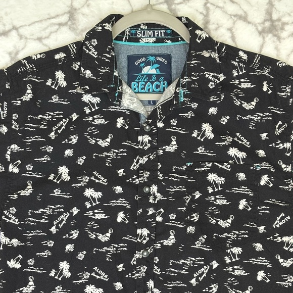 Good Vibes Other - GOOD VIBES Aloha Shirt Men’s L Black Slim Fit White Palms Sharks Life is a Beach